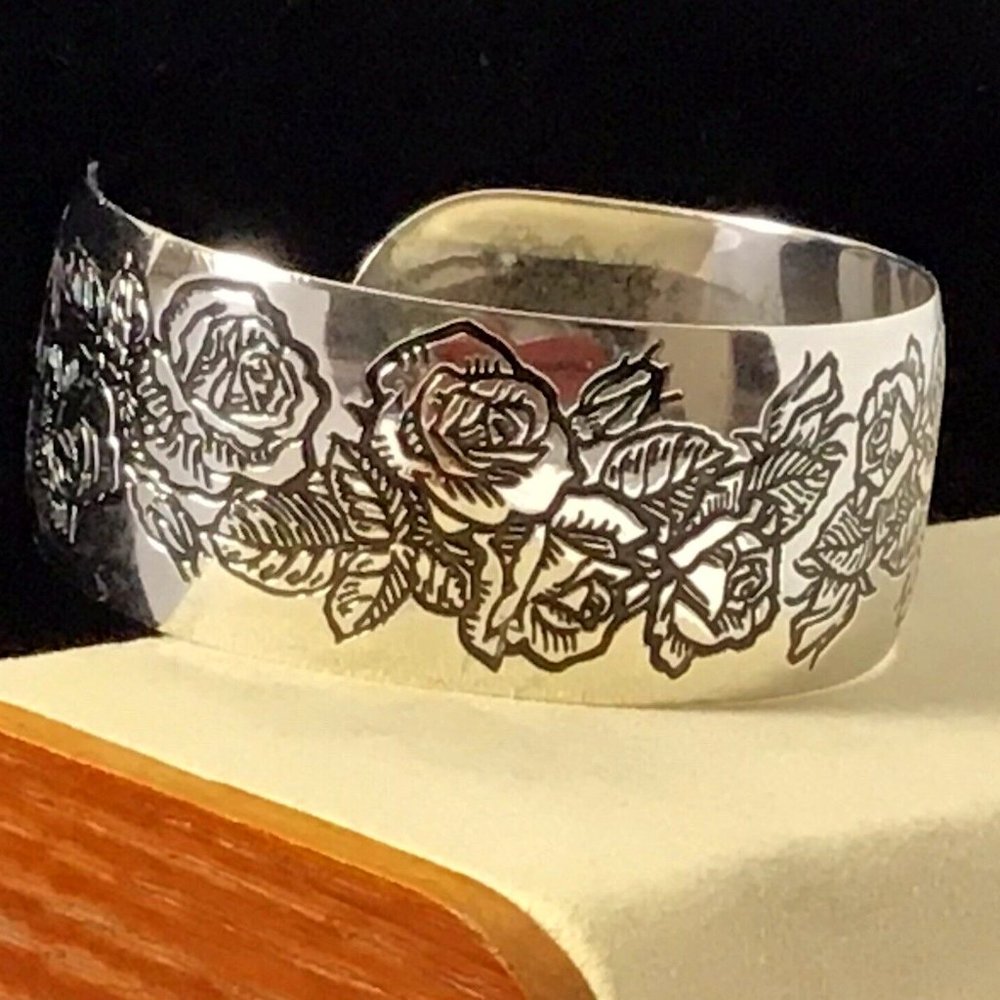 Vintage Sterling Silver Cuff Bracelet Roses Etched Size 7”